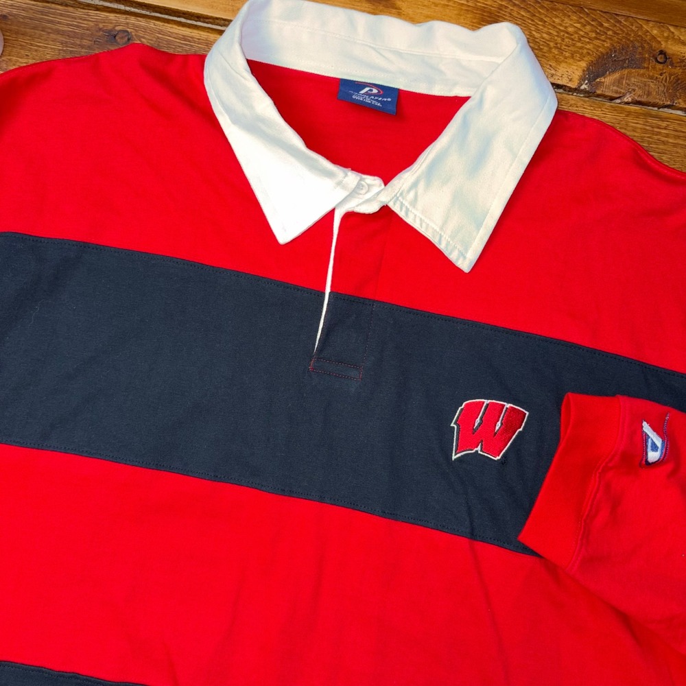 Pro Player Rugby Shirt Mens 2XL Red Black Striped Wisconsin Badgers Long Sleeve
